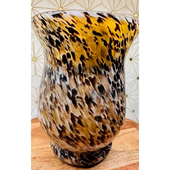 Vintage Hand-Blown‎ Art Glass Vase - Amber & Brown Spotted Design, 8" x 6" - Picture 1 of 5
